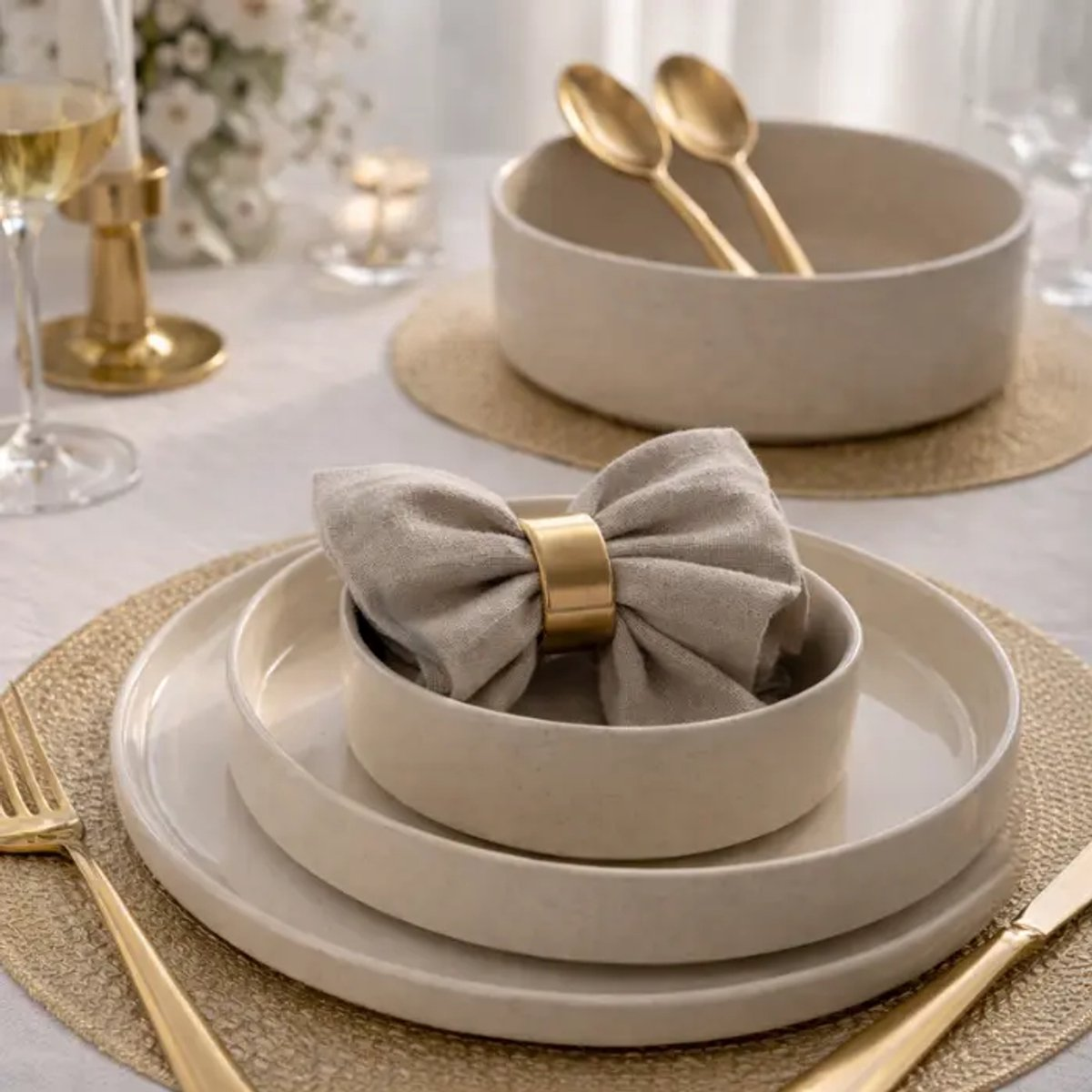 Gedekte tafel met beige borden, kommen en goudkleurig bestek